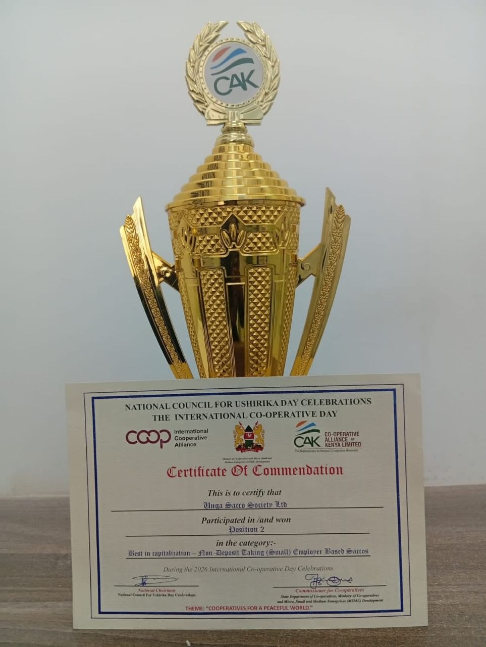 Unga Sacco trophy and certificate — 2nd Best in Capitalization 2026